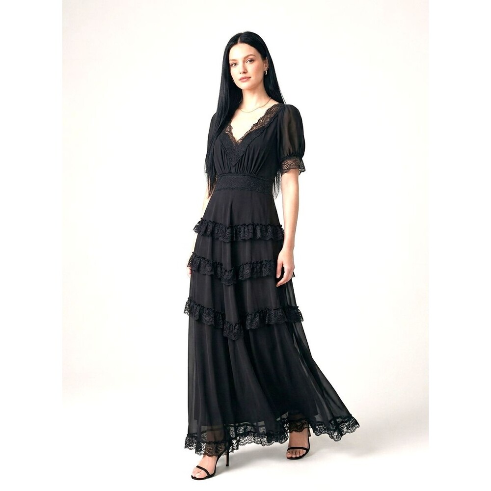 NWT Dolls Kill Widow Perpetual Night Black Sheer Lace Witchy Maxi Dress Size L